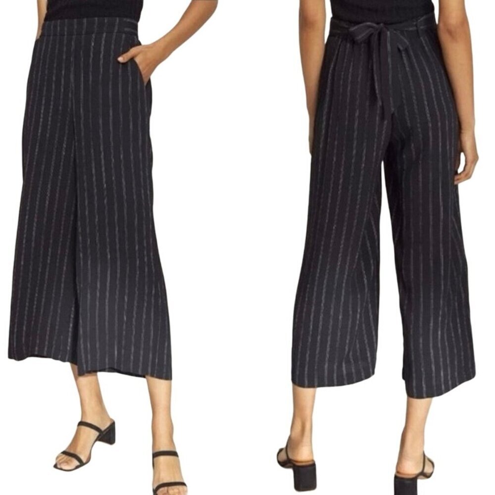Wilfred Black White Striped Tie Waist Wide Leg Trouser Pants Career Chic Classy